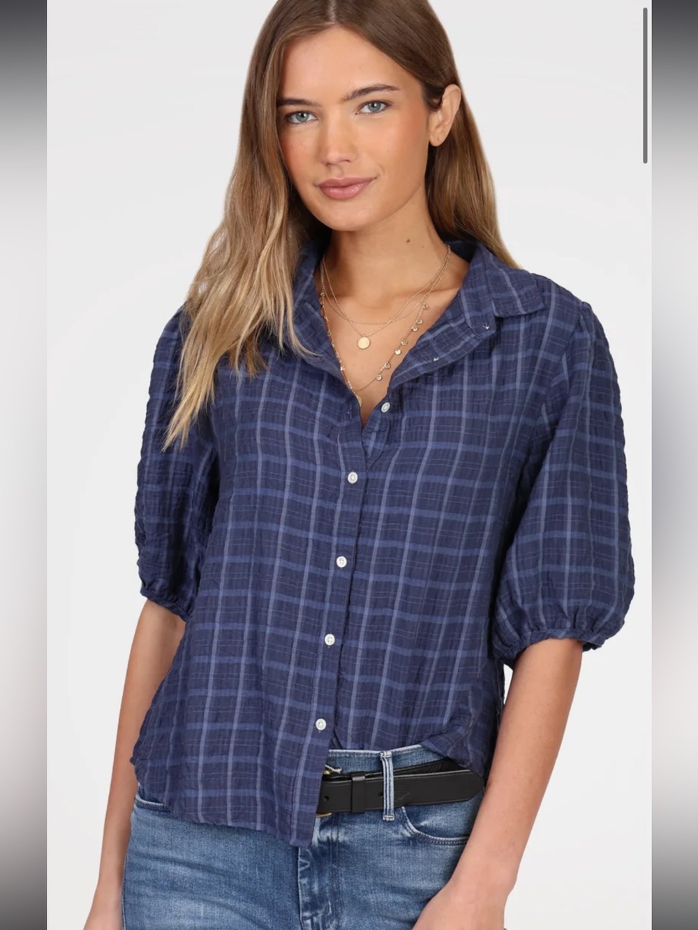 Dylan Maddy Button down short puff sleeve blue plaid rayon blend shirt xs